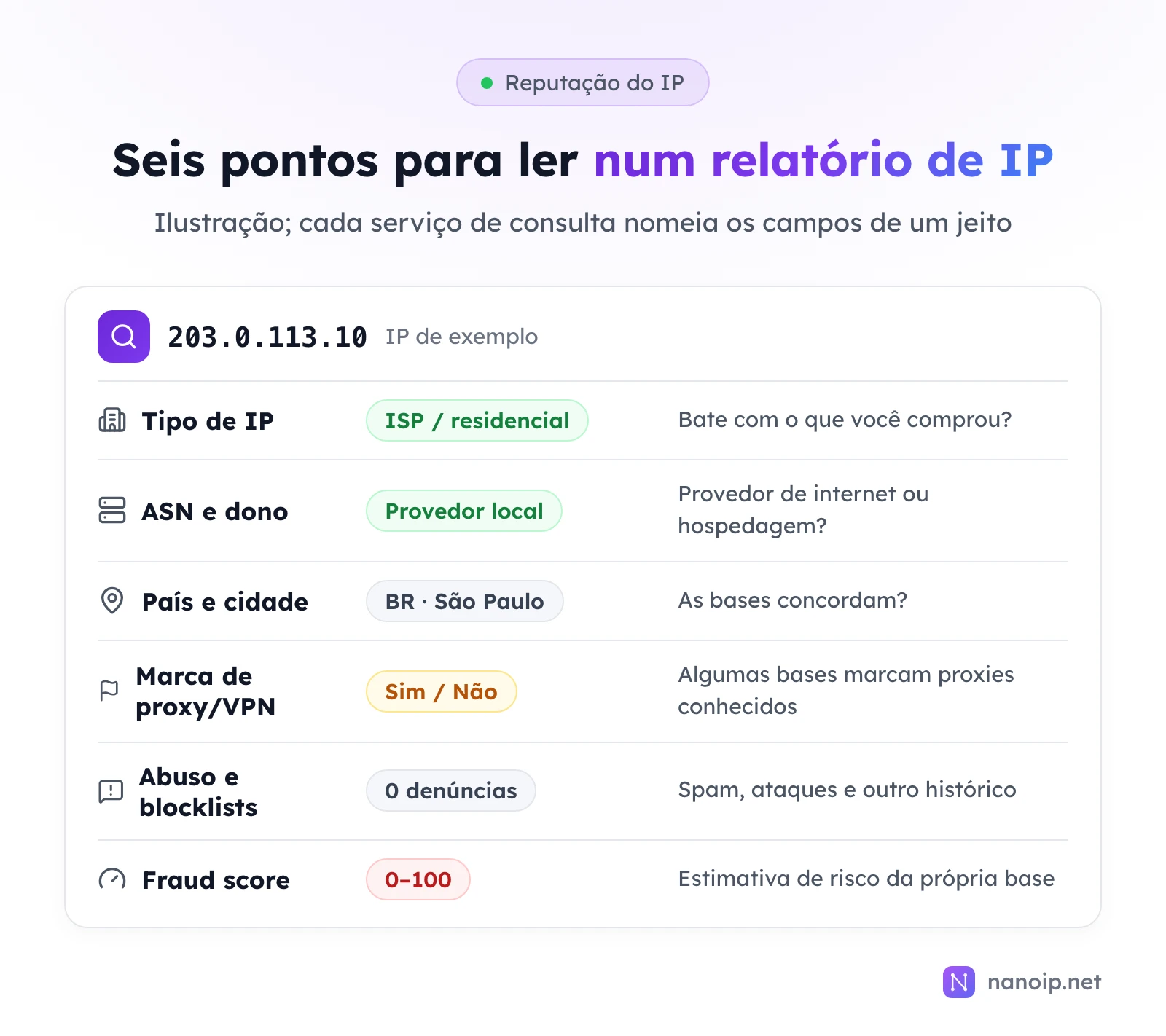 Ilustração de um relatório de IP com seis campos: tipo de IP ISP ou residencial, ASN e dono um provedor local, país e cidade BR São Paulo, marca de proxy ou VPN sim ou não, abuso e blocklists 0 denúncias e fraud score de 0 a 100