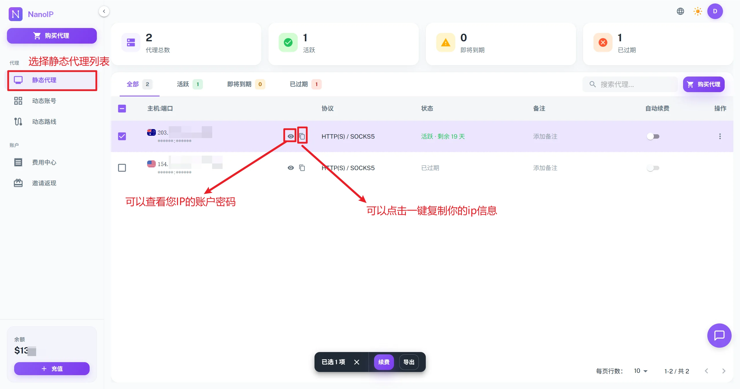 NanoIP 平台复制代理信息