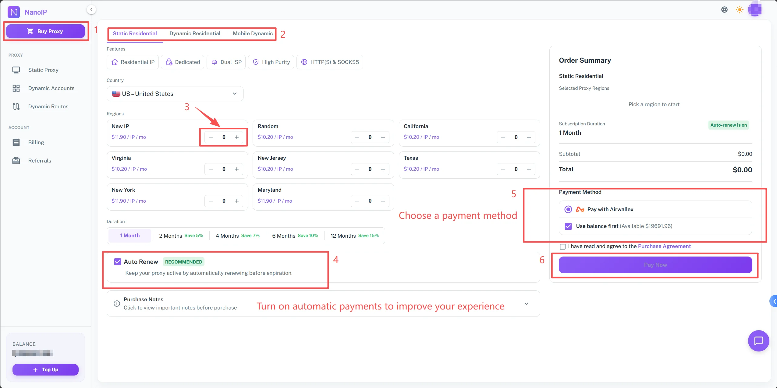 NanoIP proxy purchase page